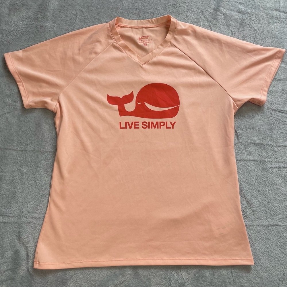 Patagonia Shirt Medium Womens Capilene Tee Whale Live Simply Peach V-Neck